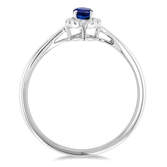 5x3 MM Oval Shape Sapphire and 1/20 Ctw Round Cut Diamond Halo Precious Ring in 10K White Gold