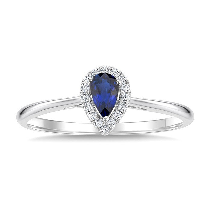 5x3 MM Pear Shape Sapphire and 1/20 Ctw Round Cut Diamond Halo Precious Ring in 10K White Gold