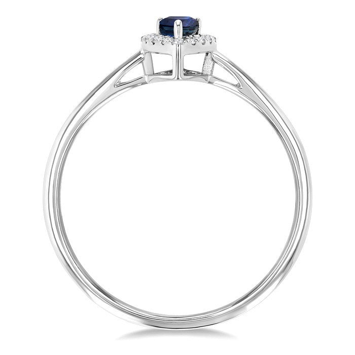 5x3 MM Pear Shape Sapphire and 1/20 Ctw Round Cut Diamond Halo Precious Ring in 10K White Gold