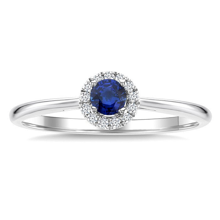 3.25 MM Round Sapphire and 1/20 Ctw Round Cut Diamond Halo Precious Ring in 10K White Gold