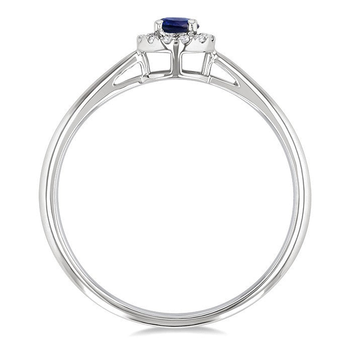 3.25 MM Round Sapphire and 1/20 Ctw Round Cut Diamond Halo Precious Ring in 10K White Gold