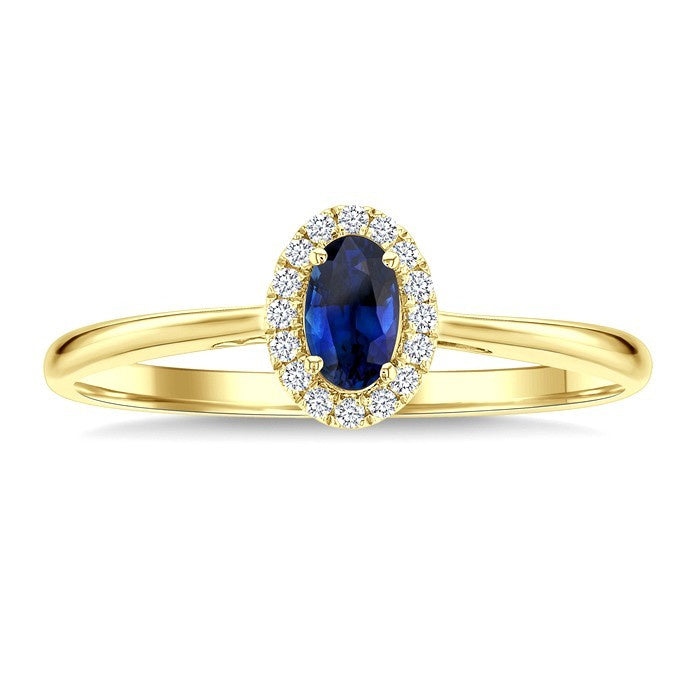 5x3 MM Oval Shape Sapphire and 1/20 Ctw Round Cut Diamond Halo Precious Ring in 10K Yellow Gold