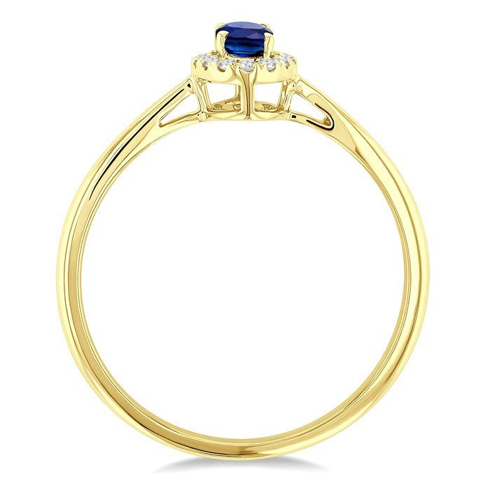 5x3 MM Oval Shape Sapphire and 1/20 Ctw Round Cut Diamond Halo Precious Ring in 10K Yellow Gold