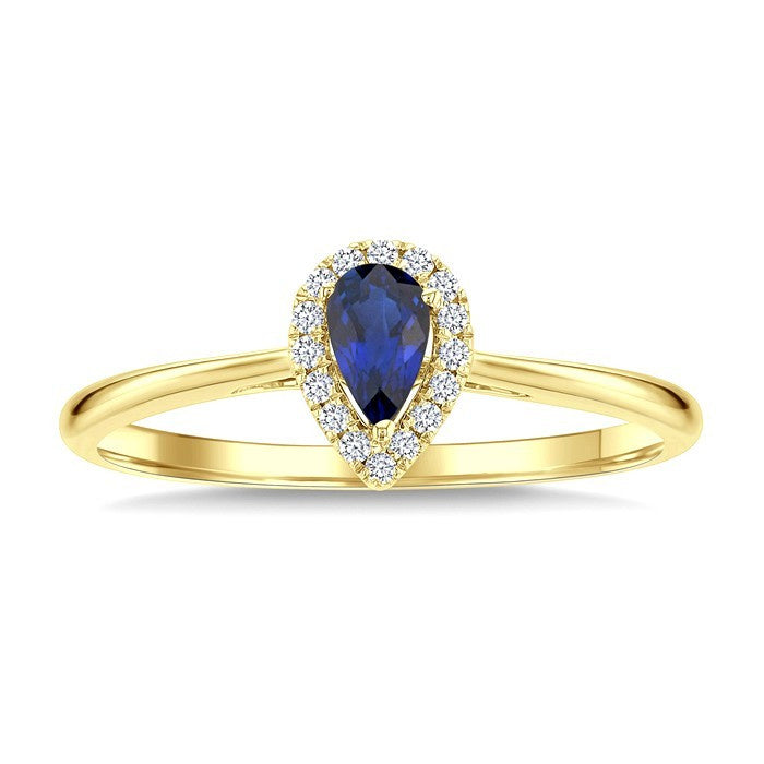 5x3 MM Pear Shape Sapphire and 1/20 Ctw Round Cut Diamond Halo Precious Ring in 10K Yellow Gold