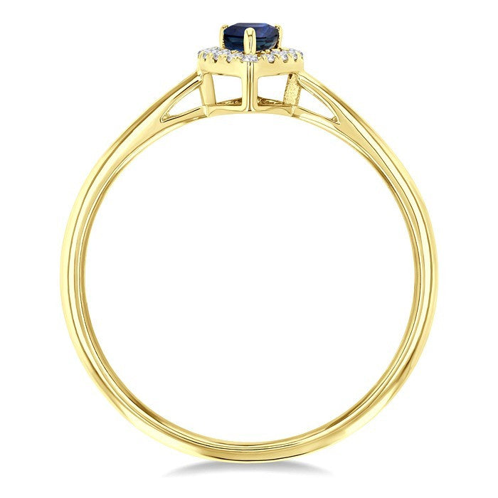 5x3 MM Pear Shape Sapphire and 1/20 Ctw Round Cut Diamond Halo Precious Ring in 10K Yellow Gold