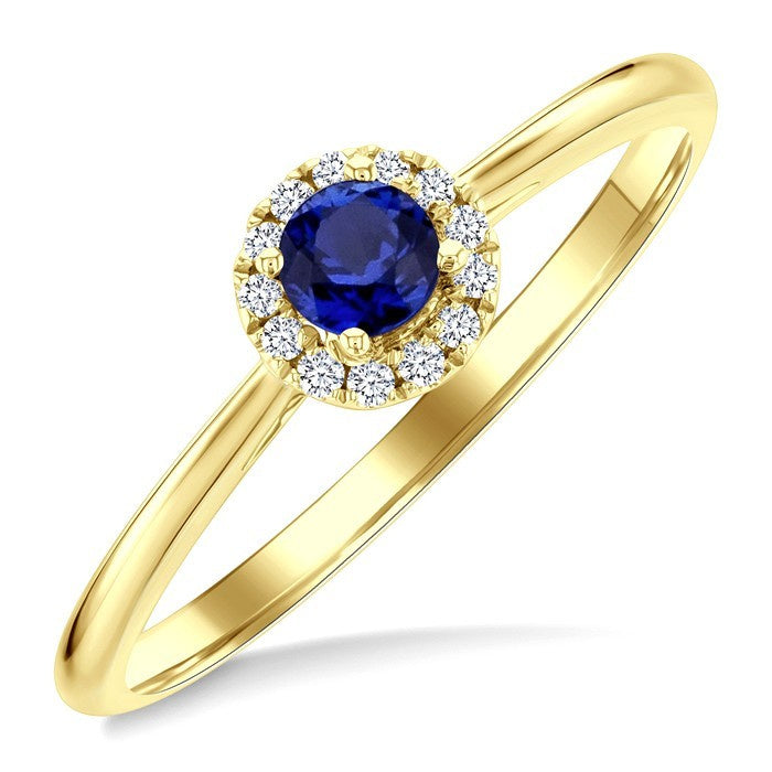 3.25 MM Round Sapphire and 1/20 Ctw Round Cut Diamond Halo Precious Ring in 10K Yellow Gold