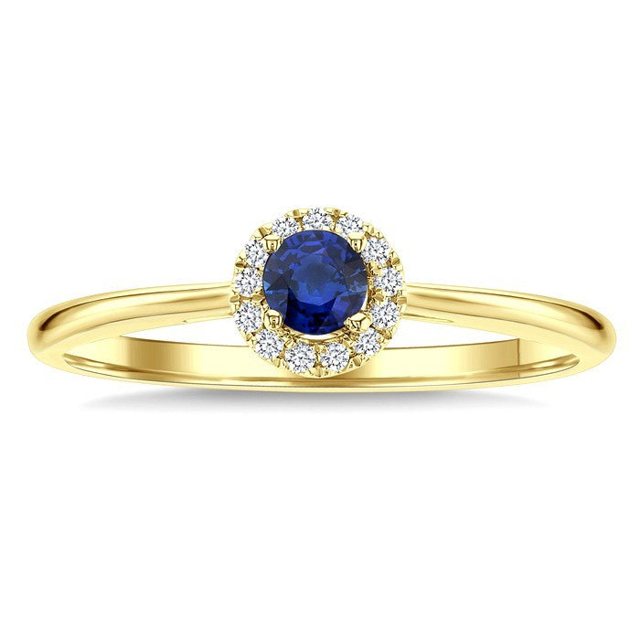 3.25 MM Round Sapphire and 1/20 Ctw Round Cut Diamond Halo Precious Ring in 10K Yellow Gold