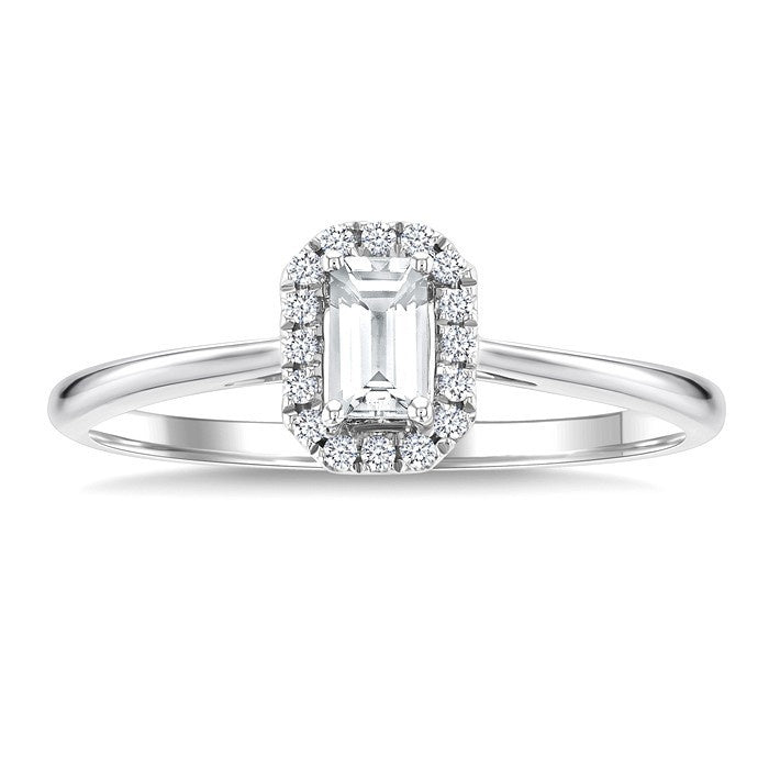 5x3 MM Octagonal Shape White Topaz and 1/20 Ctw Round Cut Diamond Halo Semi-Precious Ring in 10K White Gold