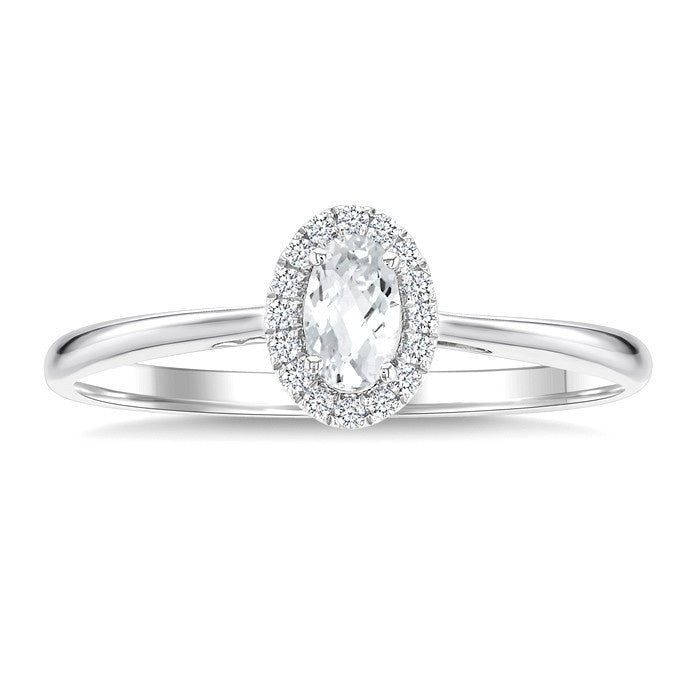 5x3 MM Oval Shape White Topaz and 1/20 Ctw Round Cut Diamond Halo Semi-Precious Ring in 10K White Gold