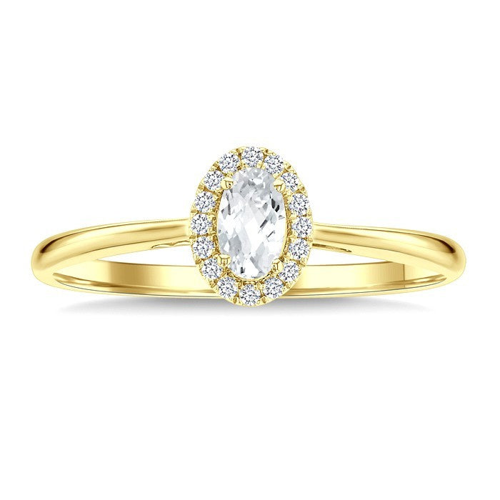 5x3 MM Oval Shape White Topaz and 1/20 Ctw Round Cut Diamond Halo Semi-Precious Ring in 10K Yellow Gold