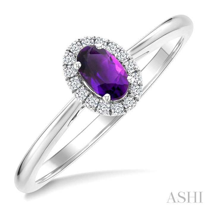 5x3 MM Oval Shape Amethyst and 1/20 Ctw Round Cut Diamond Halo Semi-Precious Ring in 14K White Gold