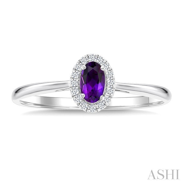 5x3 MM Oval Shape Amethyst and 1/20 Ctw Round Cut Diamond Halo Semi-Precious Ring in 14K White Gold