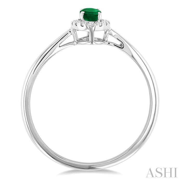 5x3 MM Oval Shape Emerald and 1/20 Ctw Round Cut Diamond Halo Precious Ring in 14K White Gold