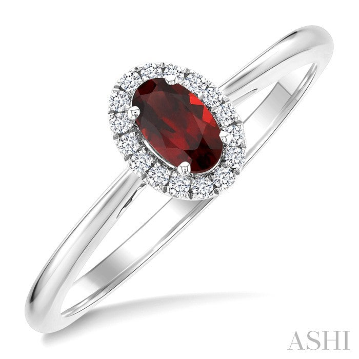 5x3 MM Oval Shape Garnet and 1/20 Ctw Round Cut Diamond Halo Semi-Precious Ring in 14K White Gold