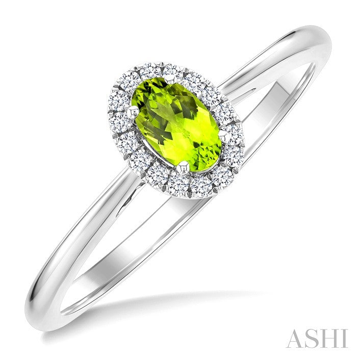 5x3 MM Oval Shape Peridot and 1/20 Ctw Round Cut Diamond Halo Semi-Precious Ring in 14K White Gold