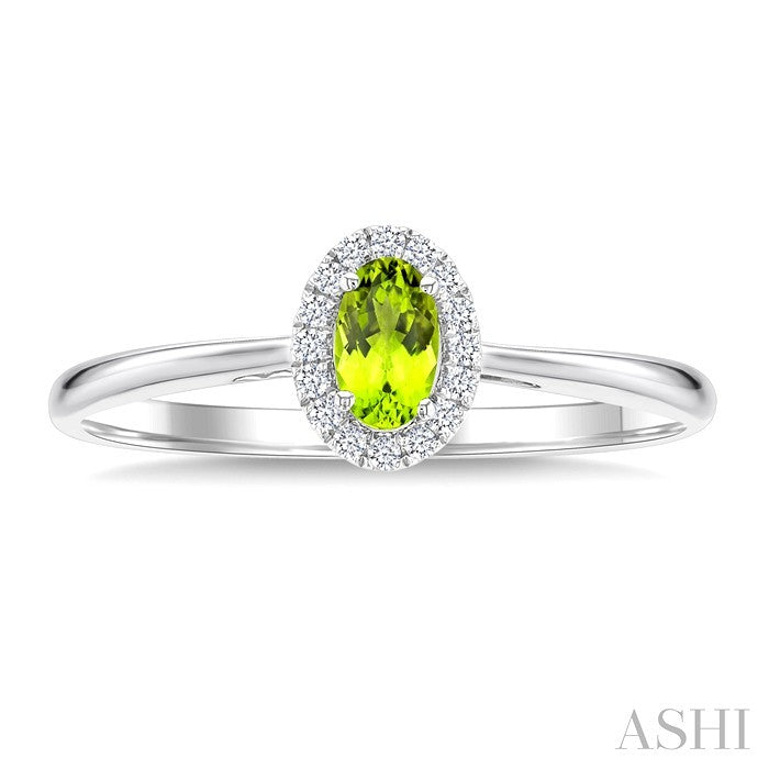5x3 MM Oval Shape Peridot and 1/20 Ctw Round Cut Diamond Halo Semi-Precious Ring in 14K White Gold