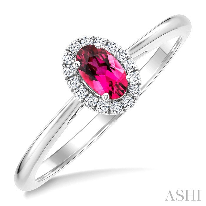 5x3 MM Oval Shape Pink Tourmaline and 1/20 Ctw Round Cut Diamond Halo Semi-Precious Ring in 14K White Gold
