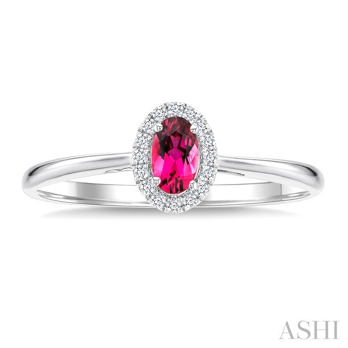 5x3 MM Oval Shape Pink Tourmaline and 1/20 Ctw Round Cut Diamond Halo Semi-Precious Ring in 14K White Gold