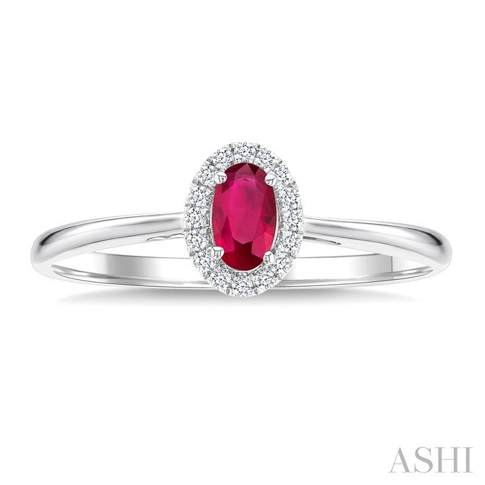 5x3 MM Oval Shape Ruby and 1/20 Ctw Round Cut Diamond Halo Precious Ring in 14K White Gold