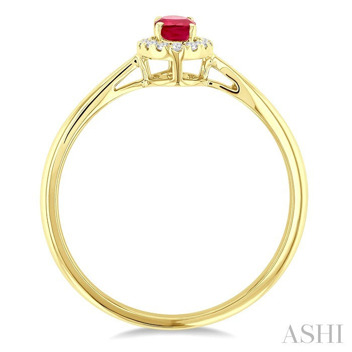 5x3 MM Oval Shape Ruby and 1/20 Ctw Round Cut Diamond Halo Precious Ring in 14K Yellow Gold