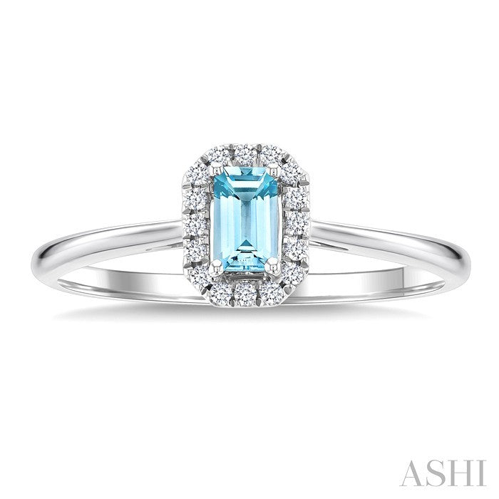 5x3 MM Octagonal Shape Aquamarine and 1/20 Ctw Round Cut Diamond Halo Semi-Precious Ring in 10K White Gold