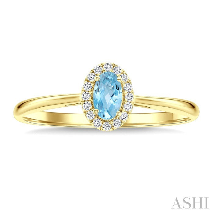 5x3 MM Oval Shape Aquamarine and 1/20 Ctw Round Cut Diamond Halo Semi-Precious Ring in 10K Yellow Gold