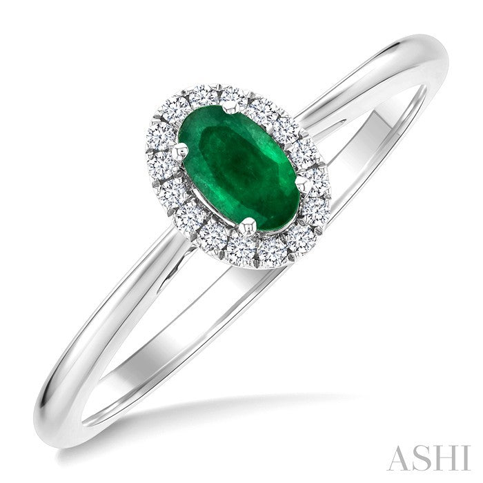 5x3 MM Oval Shape Emerald and 1/20 Ctw Round Cut Diamond Halo Precious Ring in 10K White Gold