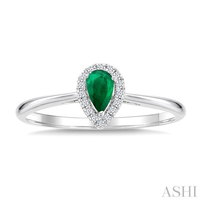 5x3 MM Pear Shape Emerald and 1/20 Ctw Round Cut Diamond Halo Precious Ring in 10K White Gold