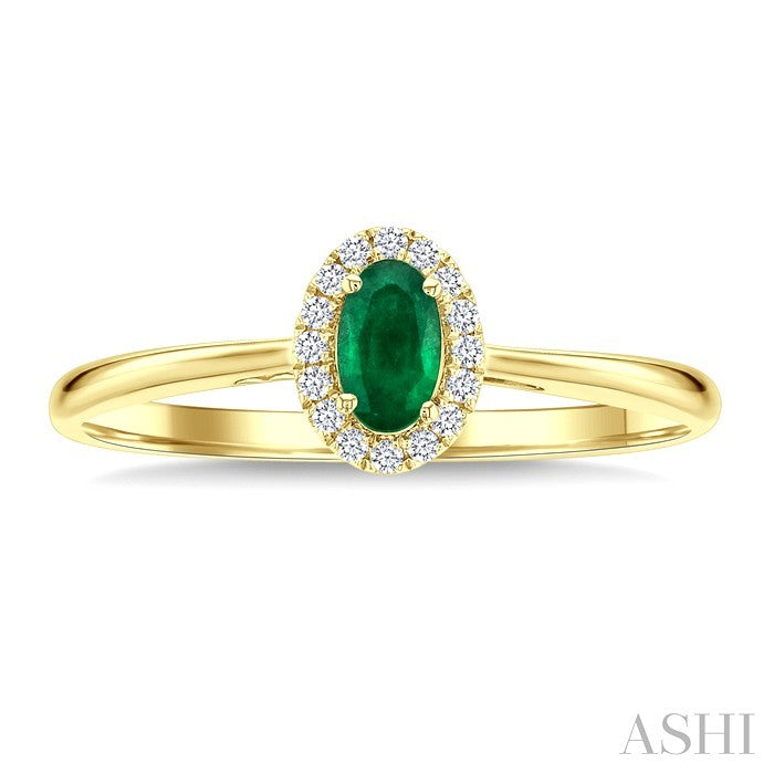 5x3 MM Oval Shape Emerald and 1/20 Ctw Round Cut Diamond Halo Precious Ring in 10K Yellow Gold