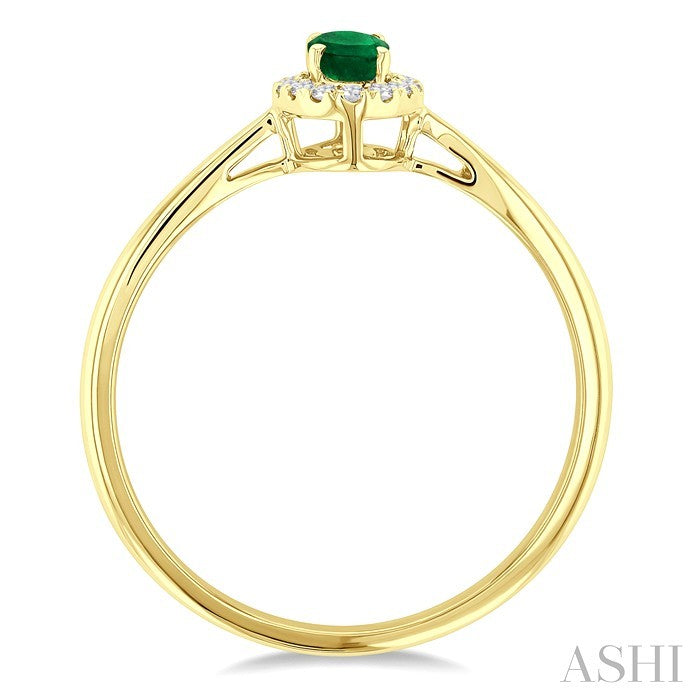 5x3 MM Oval Shape Emerald and 1/20 Ctw Round Cut Diamond Halo Precious Ring in 10K Yellow Gold
