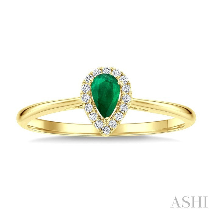 5x3 MM Pear Shape Emerald and 1/20 Ctw Round Cut Diamond Halo Precious Ring in 10K Yellow Gold