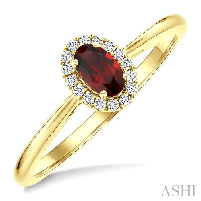 5x3 MM Oval Shape Garnet and 1/20 Ctw Round Cut Diamond Halo Semi-Precious Ring in 10K Yellow Gold
