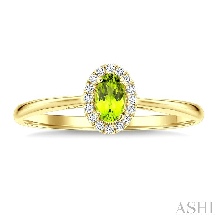5x3 MM Oval Shape Peridot and 1/20 Ctw Round Cut Diamond Halo Semi-Precious Ring in 10K Yellow Gold