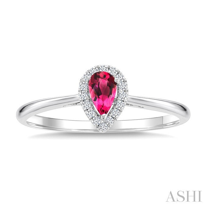 5x3 MM Pear Shape Pink Tourmaline and 1/20 Ctw Round Cut Diamond Halo Semi-Precious Ring in 10K White Gold
