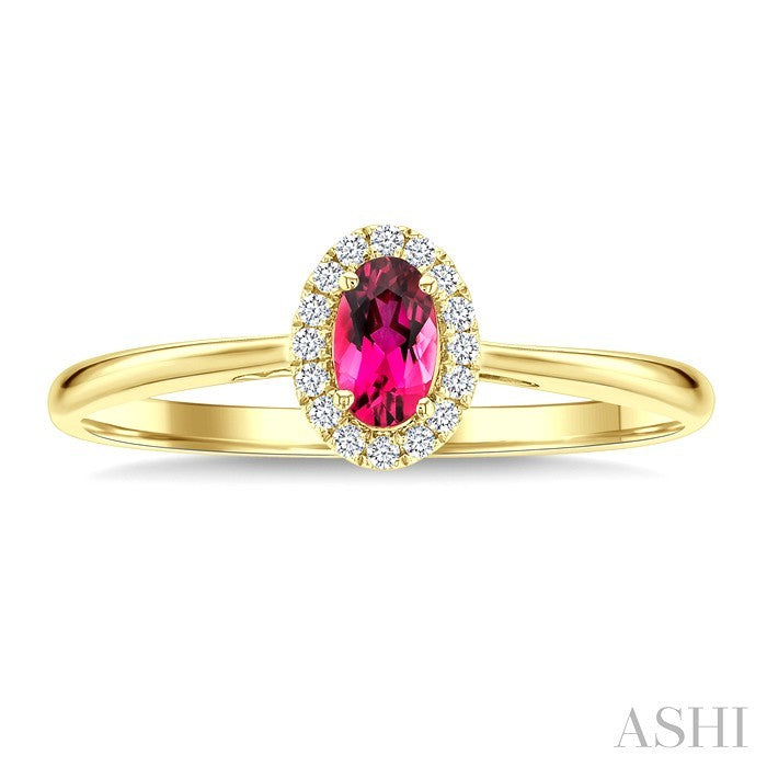 5x3 MM Oval Shape Pink Tourmaline and 1/20 Ctw Round Cut Diamond Halo Semi-Precious Ring in 10K Yellow Gold