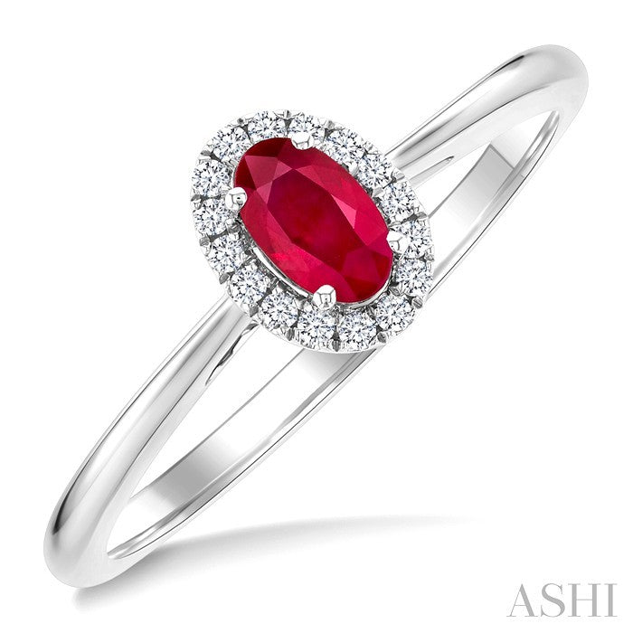 5x3 MM Oval Shape Ruby and 1/20 Ctw Round Cut Diamond Halo Precious Ring in 10K White Gold