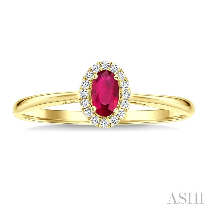 5x3 MM Oval Shape Ruby and 1/20 Ctw Round Cut Diamond Halo Precious Ring in 10K Yellow Gold