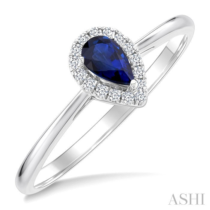 5x3 MM Pear Shape Sapphire and 1/20 Ctw Round Cut Diamond Halo Precious Ring in 10K White Gold