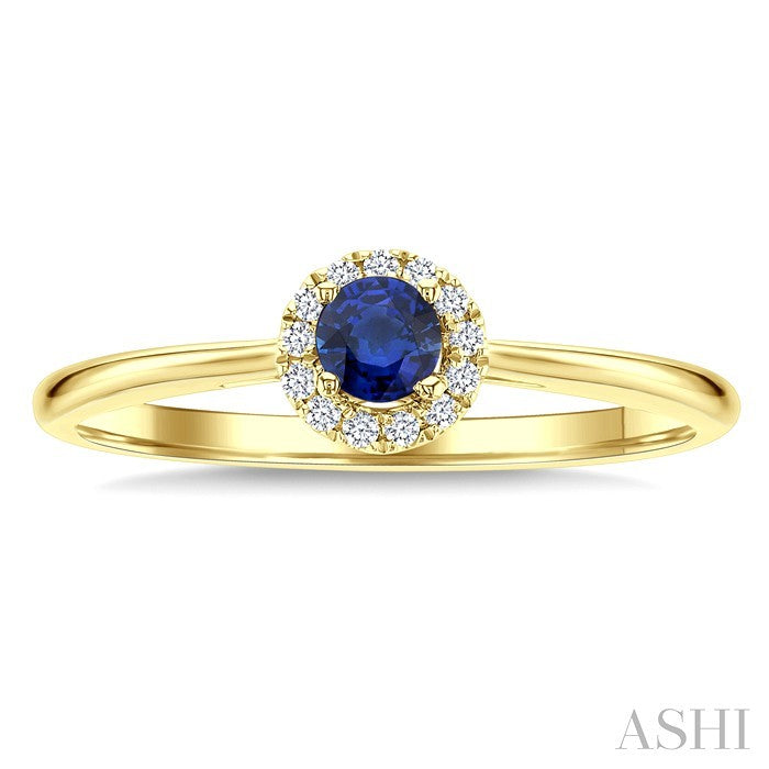 3.25 MM Round Sapphire and 1/20 Ctw Round Cut Diamond Halo Precious Ring in 10K Yellow Gold