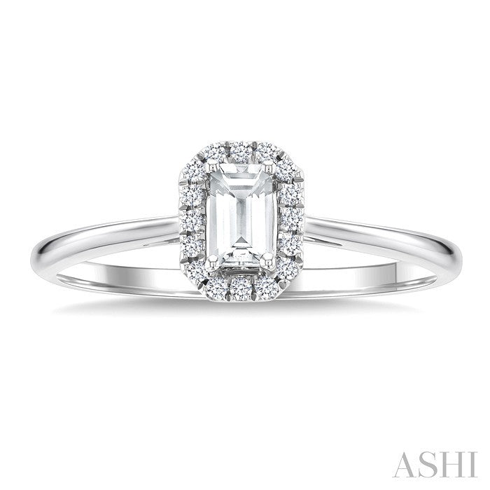 5x3 MM Octagonal Shape White Topaz and 1/20 Ctw Round Cut Diamond Halo Semi-Precious Ring in 10K White Gold
