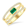 5x3 MM East- West Emerald and 1/4 Ctw Round Cut Diamond Triple Split Precious Ring in 10K Yellow Gold