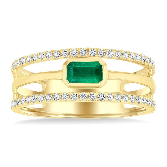 5x3 MM East- West Emerald and 1/4 Ctw Round Cut Diamond Triple Split Precious Ring in 10K Yellow Gold