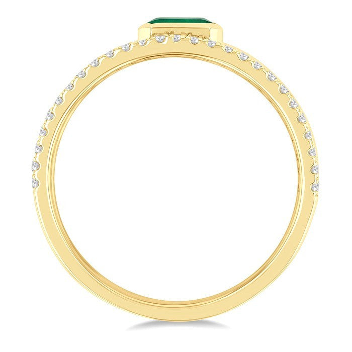 5x3 MM East- West Emerald and 1/4 Ctw Round Cut Diamond Triple Split Precious Ring in 10K Yellow Gold