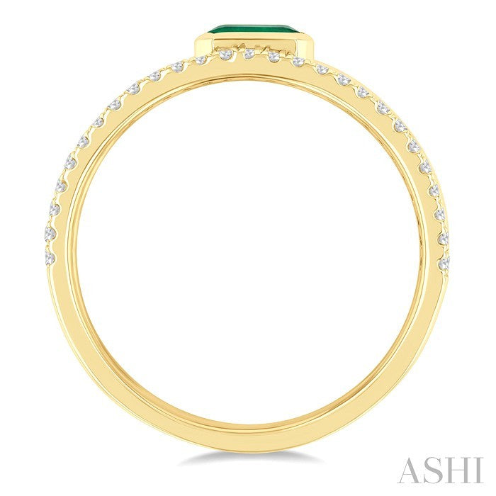 5x3 MM East- West Emerald and 1/4 Ctw Round Cut Diamond Triple Split Precious Ring in 10K Yellow Gold