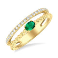 4x3 MM Oval Shape Emerald and 1/5 Ctw Round Cut Diamond Precious Split Twin Ring in 10K Yellow Gold