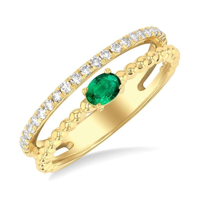 4x3 MM Oval Shape Emerald and 1/5 Ctw Round Cut Diamond Precious Split Twin Ring in 10K Yellow Gold