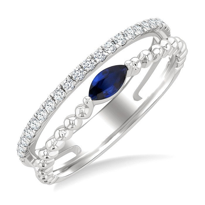 5x2.5 MM Marquise Shape Sapphire and 1/5 Ctw Round Cut Diamond Precious Split Twin Ring in 10K White Gold