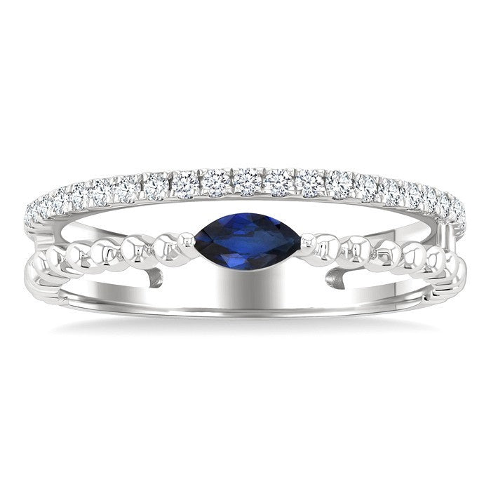 5x2.5 MM Marquise Shape Sapphire and 1/5 Ctw Round Cut Diamond Precious Split Twin Ring in 10K White Gold