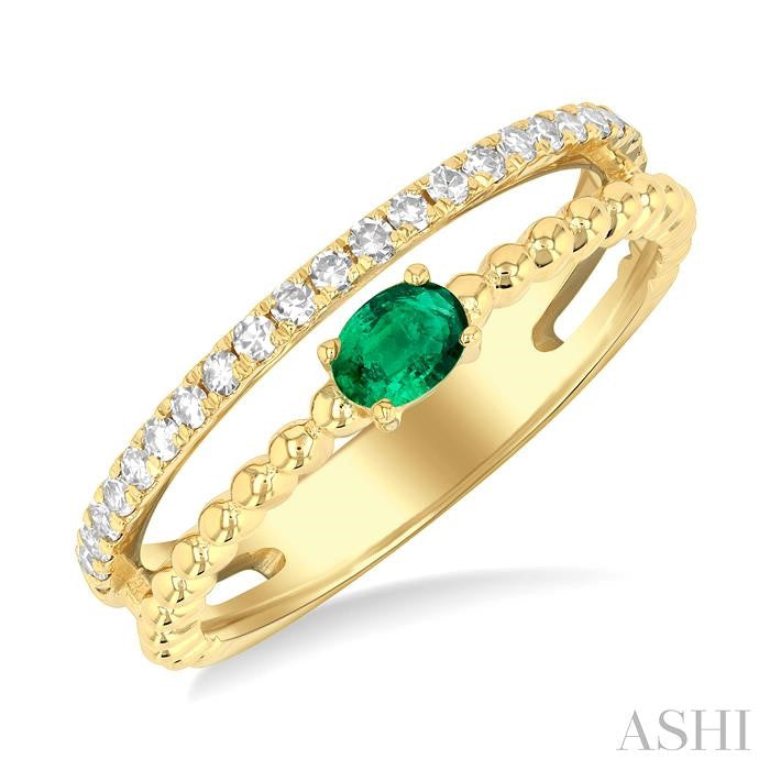 4x3 MM Oval Shape Emerald and 1/5 Ctw Round Cut Diamond Precious Split Twin Ring in 10K Yellow Gold