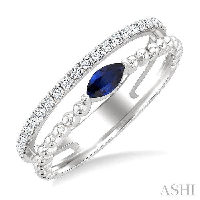 5x2.5 MM Marquise Shape Sapphire and 1/5 Ctw Round Cut Diamond Precious Split Twin Ring in 10K White Gold